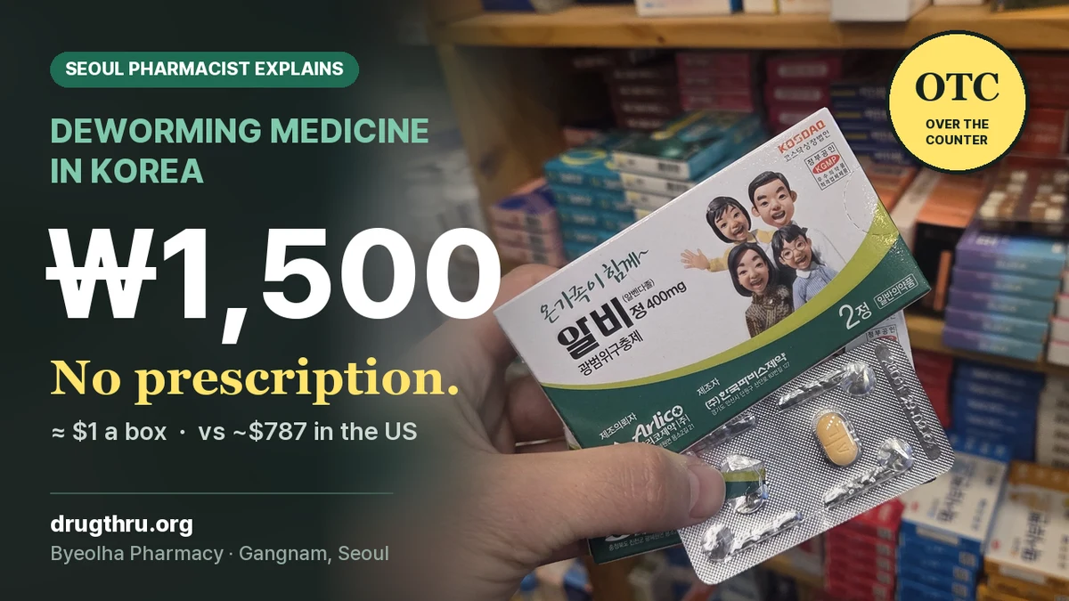 Deworming medicine in Korea: ₩1,500 for albendazole at a Seoul pharmacy, no prescription needed